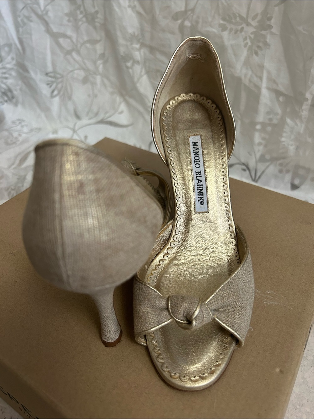 Manolo Blahnik Gold Knotted D'Orsay Peep-Toe Heels